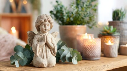 Fototapeta premium Angel statue sits among candles and plants on a wooden table in a warm space
