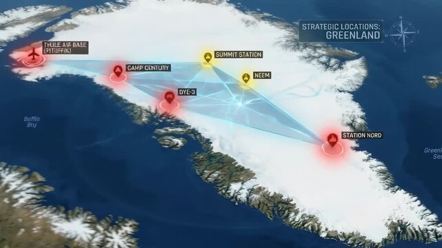 Geographic map of Greenland highlighting strategic locations including Thule Air Base, Summit Station, and Station Nord with connecting lines and labels for navigation