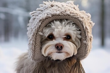 Fototapeta premium White dog wearing a cozy knit hat covered in snow exploring a winter landscape