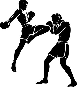Dynamic Muay Thai Fighters Silhouette with Flying Knee Strike Attack in Kickboxing Match