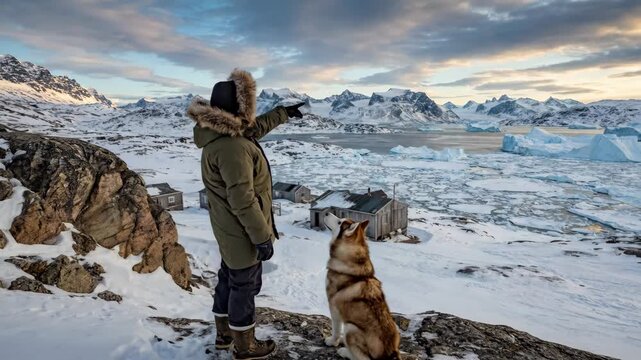 Person in green parka stands on rocky terrain with dog, pointing towards distant mountains and icebergs in a snowy landscape during sunset in Greenland