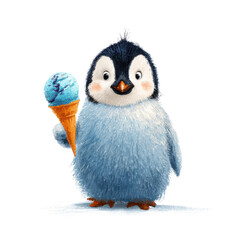 Fototapeta premium Penguin holding an ice cream cone in a simple setting with a blue scoop on top