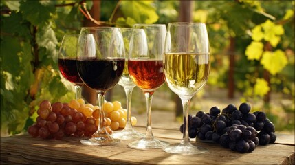 fermentation. Wine glasses with red and white varieties accompanied by ripe grapes on a wooden table. bar promotions, beverage menus, designed for food & beverage menus and cafe branding.
