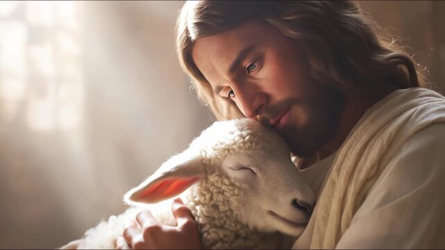 Jesus holding a lamb. The image of the meek shepherd in Christianity, used for prayers and religious events. Orthodoxy and faith. The Christian religion. Easter.