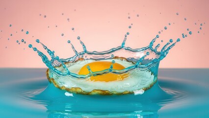Fried egg with golden crispy edges splashing into teal liquid creating intricate crown