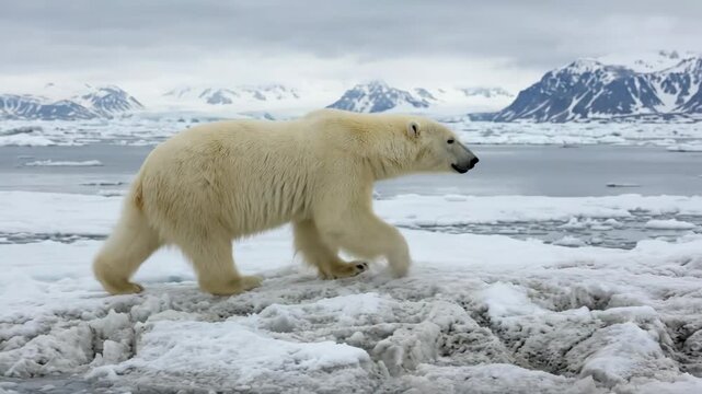 Polar bear walking across ice floe in Arctic landscape, showcasing movement through snow and ice with mountains and cloudy sky in the background