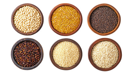 A collection of various grains and seeds in wooden bowls on transparent background