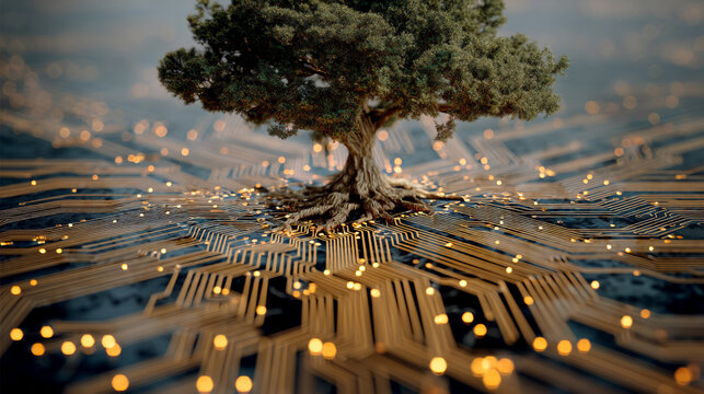 Tree of Technology with Glowing Circuit Roots  Artificial Intelligence Concept