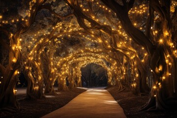 Fototapeta premium Trees adorned with glowing string lights form an enchanting tunnel over a path at night
