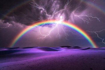 Naklejka premium Rainbow double arch with lightning storm over desert landscape, vibrant colors and dramatic sky featuring weather, clouds, sand with dunes and atmosphere elements for surreal, majestic projects,