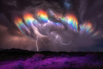 Naklejka premium Lightning storm with rainbow clouds over desert landscape at dusk with dramatic lighting effects and vibrant colors featuring weather, nature, outdoors with scenery and weather phenomenon elements