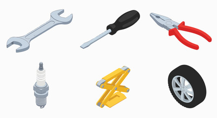 Fototapeta premium Essential automotive repair tools and parts maintenance set Wrench Screwdriver Pliers SparkPlug Jack Tire Mechanic