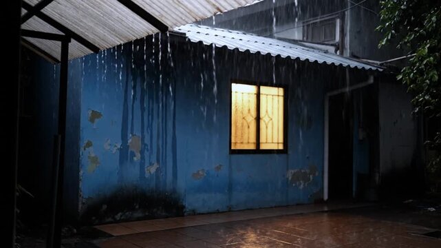 Rainy Night Scene with Lit Window Outside.