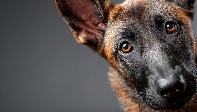 Charming Belgian Malinois Puppy with Bright Eyes and Playful Spirit Posing on a Soft Gray Background