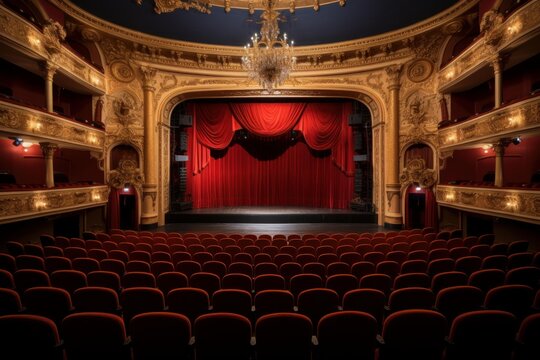 Ornate theater with a grand stage, luxurious red curtain, and empty auditorium seats