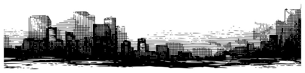 Obraz premium Modern city skyline panorama with architectural skyscrapers and water reflections in hatched style