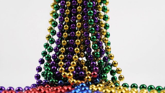 Vibrant cinematic display of multicolored festive Mardi Gras bead arrangement scattered elegantly across a pristine white studio background celebrating Fat Tuesday with carnival jewelry.