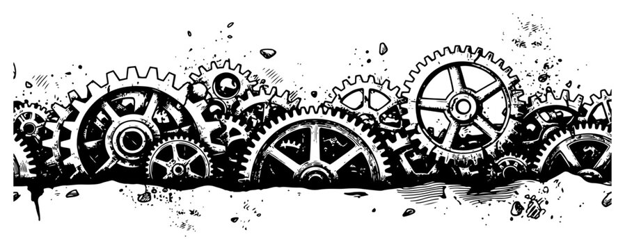 Steampunk mechanical gears and cogs border with hand drawn industrial machine details