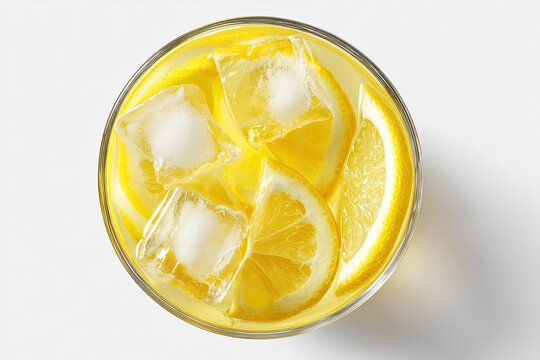 Refreshing Lemonade with Ice Cubes and Slices in a Glass Top View