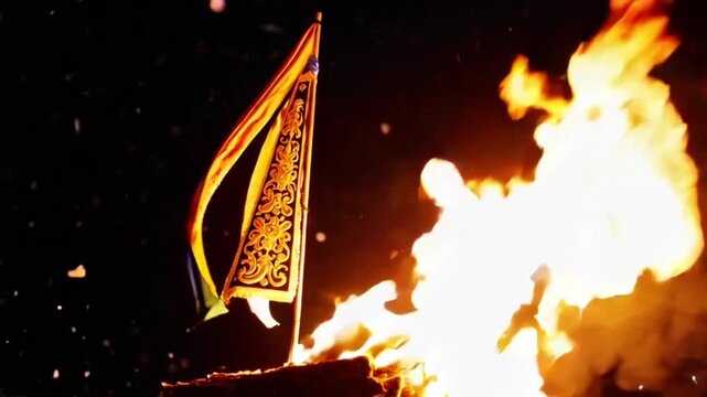Decorative flag with ornate pattern near large bonfire or fire pit during ceremony or ritual at night