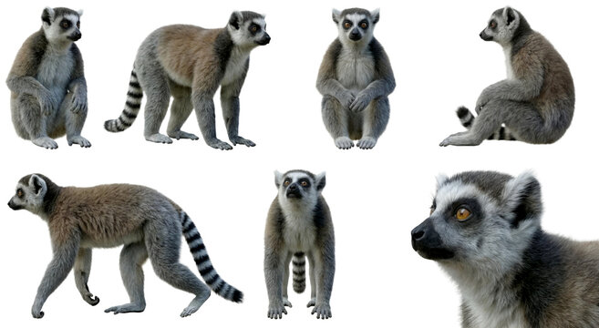 set of a ring-tailed lemur in different poses, sitting, walking, standing isolated on a transparent background