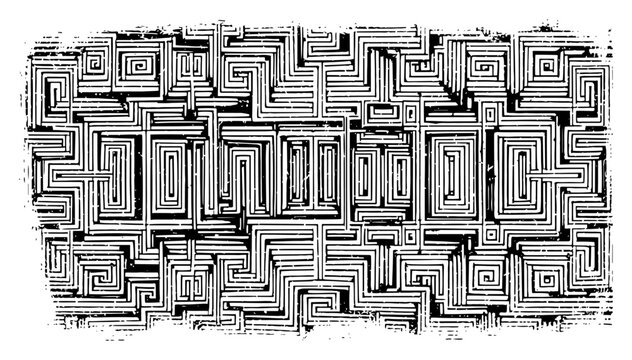 Intricate geometric maze pattern with hand drawn square labyrinth design and distressed texture