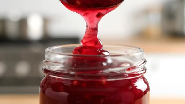 Delicious homemade red berry jam pouring from a spoon into a glass jar with close-up shot