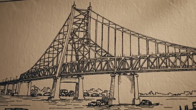 Artistic cinematic line drawing of the iconic Howrah Bridge in Calcutta Kolkata India featuring detailed architectural sketch of a historical suspension steel cantilever structure