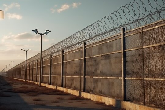 Industrial fence featuring razor wire and streetlights creating a barrier at dusk