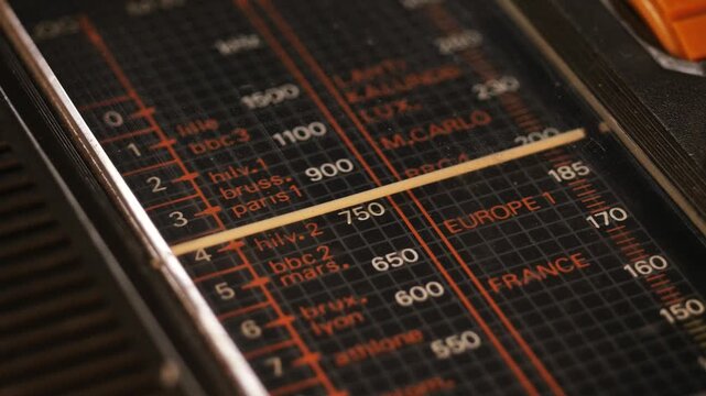 Close up of a vintage portable radio as dial pointer moves past BBC and Europe 1 station text