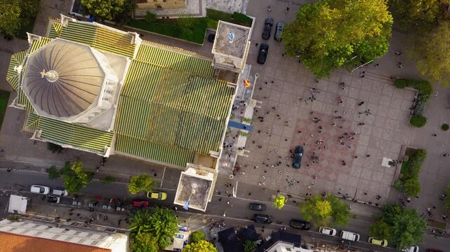 Rising top down drone shot of Athens Metropolitan Cathedral, Greece