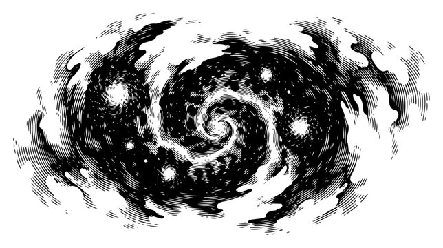 Hand drawn cosmic spiral galaxy with stars and swirling celestial nebula clouds