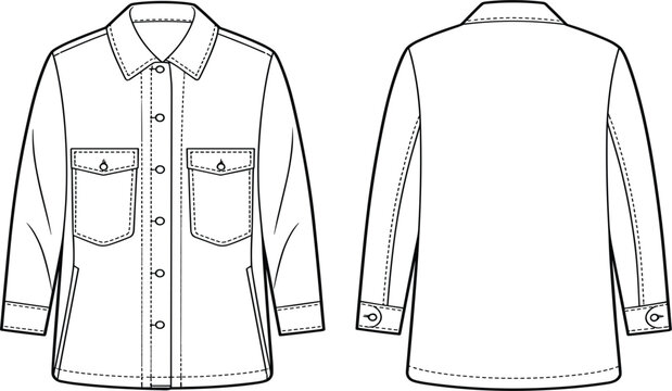 Front and back view of long sleeve shirt technical drawing vector, for fashion design and apparel