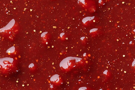 Red chili sauce texture with shiny flakes creating a spicy food background. Detail of a hot condiment or dip.