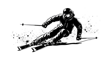 Obraz premium Dynamic Skier in Action Black and White Ink Splash Illustration.