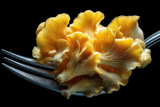 Golden Oyster Mushrooms Presented on a Fork Against a Dark Background