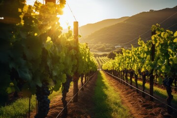 Naklejka premium Vineyard rows with ripe grapes bathed in golden light during sunset, showing agriculture and nature