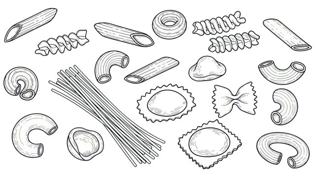 Hand-drawn sketch of various types of pasta, including spaghetti, penne, fusilli, and ravioli, showcasing Italian cuisine.