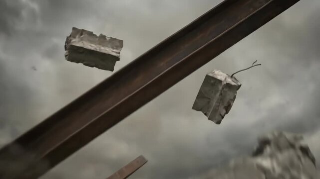 Debris including metal gears, concrete blocks, and twisted wires falls through the air, creating a cloud of dust against a dramatic sky in a construction site setting