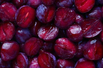 Halved plum fruit full frame view. Natural sweet food background texture. Healthy organic ingredient pattern for recipe or dessert.