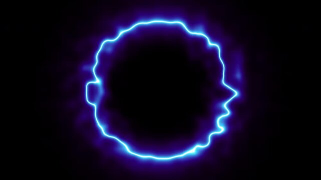 Cyan circle glow border concept on the black background. Seamless loop, abstract glowing neon line cyan color wavy circular lens