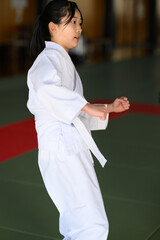 道場でダイナミックなハイキックを決める空手着の小学生女子
