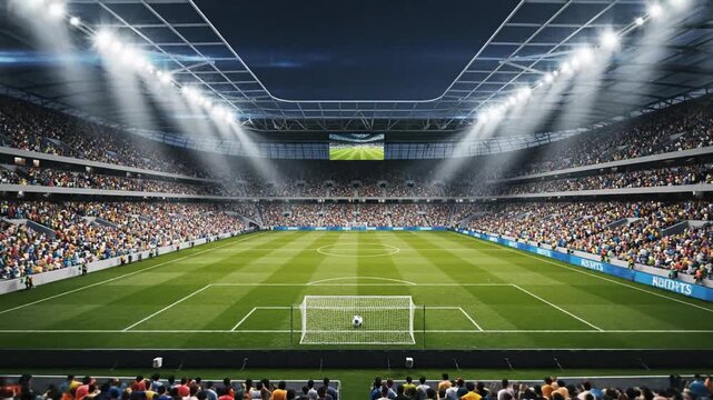 Cinematic 3D render of a magnificent soccer stadium with illuminated floodlights over an empty professional grass field pitch, grand architectural arena for athletic competition background.