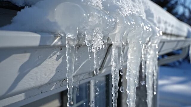 Cinematic close-up view of a residential white house gutter covered in heavy winter snow and frozen ice with water dripping slowly during a cold seasonal freeze in high resolution.