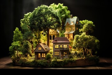 Naklejka premium Miniature model village with tiny houses, lush trees, and warm lights on a dark background