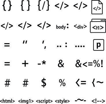 Set of programming code symbols and web development syntax elements for technical documentation isolated on a white background.