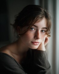 Natural portrait of young woman with freckles by window in soft daylight