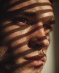 Close up portrait of young man with dramatic striped sunlight and shadow on face