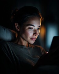 Young woman using smartphone at night with soft cinematic lighting and calm expression