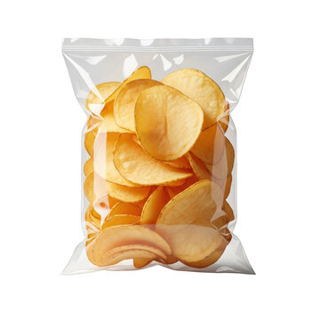 Crispy golden potato chips in a clear plastic bag packaging isolated on transparent background